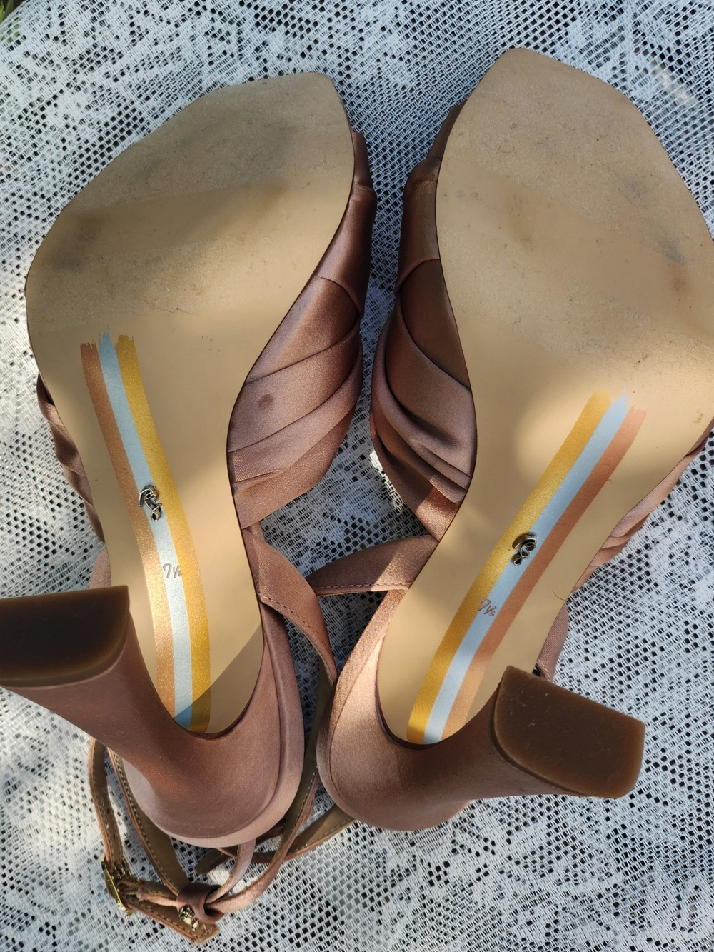 Sam Edelman Lavendar 7.5 Praline Rose Gold Satin Knot Front Ankle-Strap Heels - Picture 4 of 5